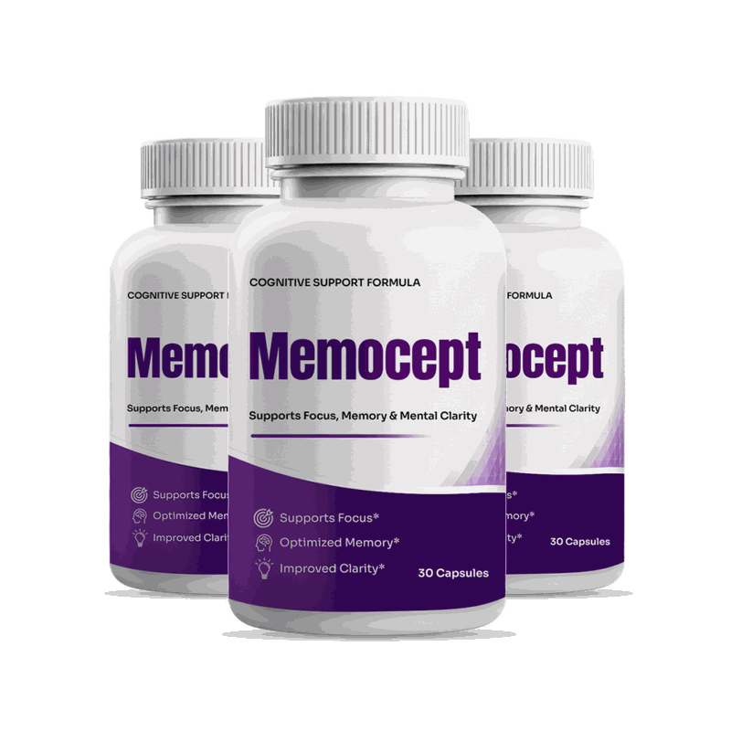 Three white and purple Memocept cognitive support bottles